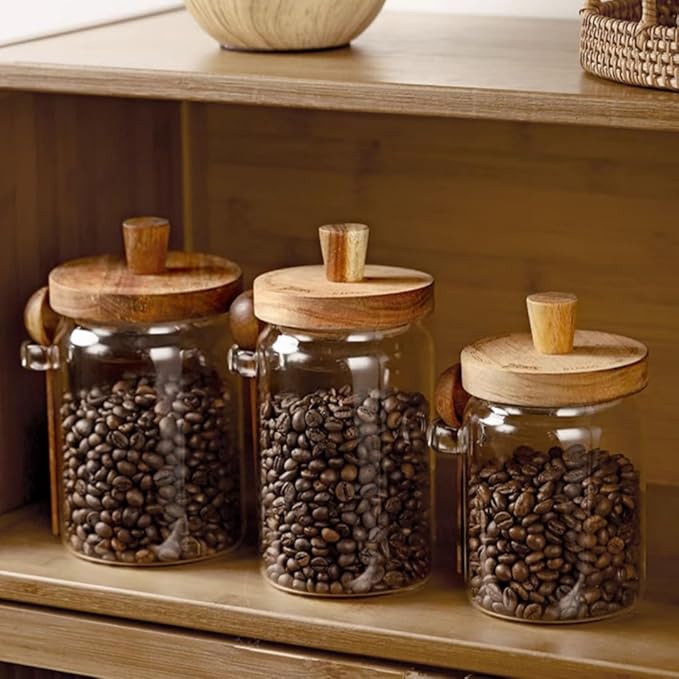 ANSQU Glass Jars with Wooden Lids and Spoons (13.5oz/20.3oz/27oz), Set of 3 Glass Food Storage Containers Coffee Jar Coffee Grounds Container, Glass Food Storage Canisters