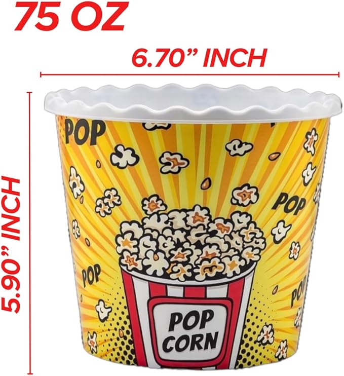 Modern Style Reusable Plastic Popcorn Box/Popcorn Containers/Popcorn Bowls Set for Movie Theater Night - (BPA Free - 6 Pack-75 oz) (6, YELLOW)