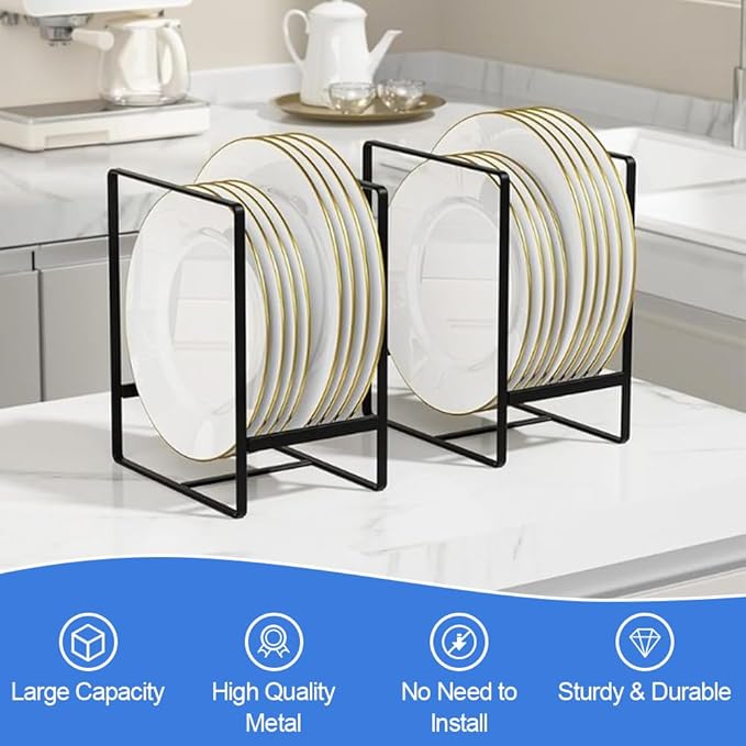 2 Pack Kitchen Plate Holder Organizer for Cabinet Space Saver, Kitchen Dish Storage Drying Racks, Metal Upright Dish Stand for Counter Cupboard (Black)
