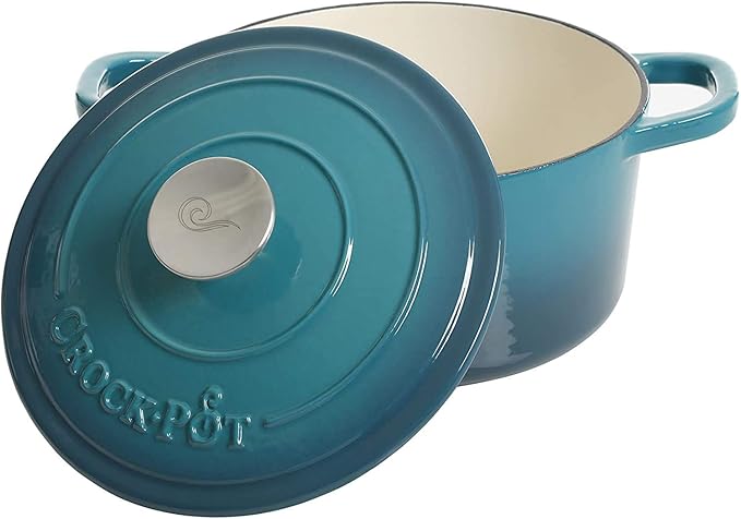 Crock-Pot Artisan 3-Quart Round Enameled Cast Iron Dutch Oven – Gradient Teal, Durable Heavy-Duty Cookware for Slow Cooking, Roasting, Baking with Lid