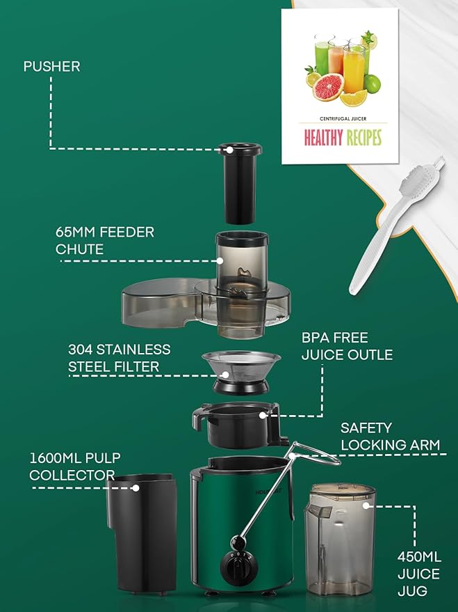 Juicer Machine, HOUSNAT Centrifugal Juicer,Extractor Max Power 800W Juice, 65MM Chute for Whole Fruit and Vegetables, Juice Extractor with 3 Speeds Quick Juicing, Easy to Clean, BPA Free, Green
