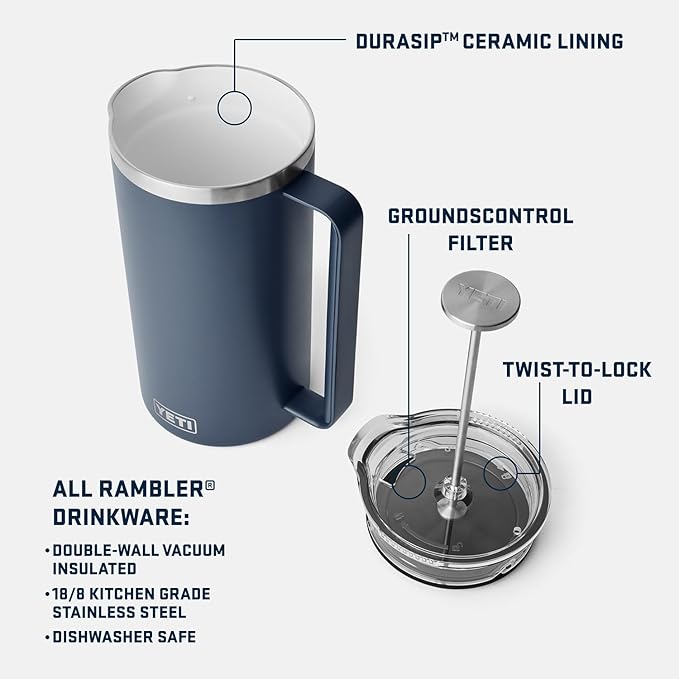 YETI Rambler 34 oz. French Press Coffee Maker, with GroundsControl Filter, Navy