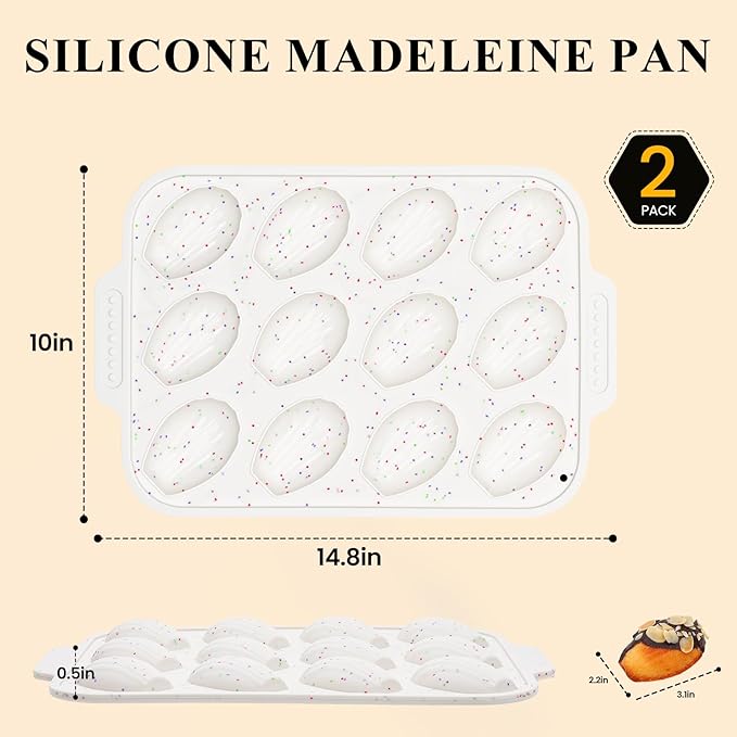 Vinino 2-Pack Silicone Madeleine Pan with Metal Reinforced Frame, 12-Cavity Shell Shape Madeleine Mold with Non-Slip Handle, Nonstick Madeleine Cookie Trays for Oven, BPA Free, Dishwasher Safe- Cream