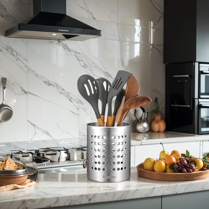 KSENDALO Metal Utensil Holder Set, Small SUS304 Steel Utensil Holder Flatware Silverware Spatulas Utensils Drying Rack for Kitchen Countertop, Kitchen Home Office Organizers ,Silver (3 Pack)