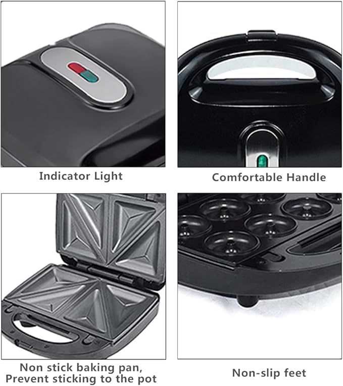 Donut Maker, 3 in 1 Electric Waffles Sandwich Machine，Panini Press Grill Iron Set with 3 interchangeable Removable Non Stick Plates，750W Detachable Dessert Toaster, Perfect for Breakfast