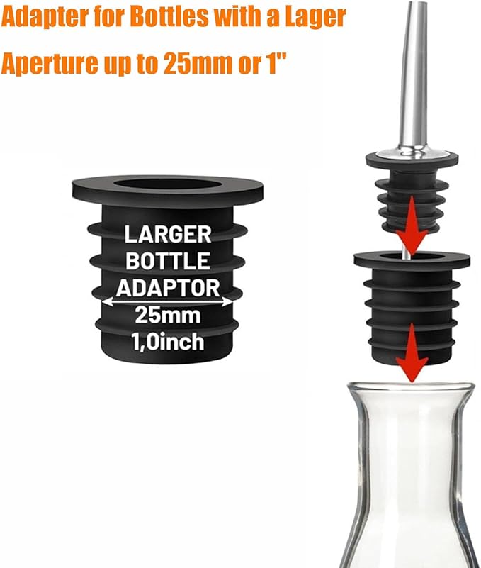 2PCS Stainless Steel Pourers, Speed Wine Bottle Pourer, Olive Oil and Vinegar Tapered Stopper Spout, Liquor Pourers with Rubber Dust Caps for Alcohol, Olive Oil,Bartender Accessories with 2 Adapters