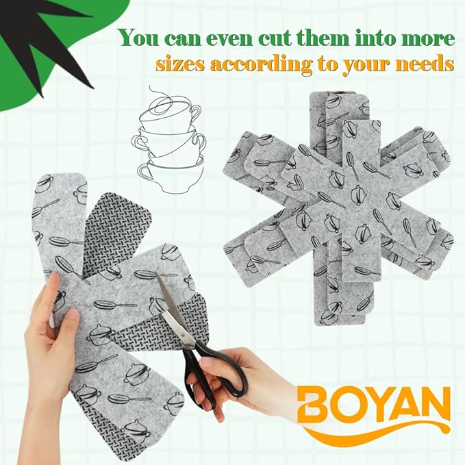 BOYAN Thicker Pot and Pan Protectors, Felt Pot Protectors for Stacking, Set of 6 & 3 Different Sizes, Pan Separators for Stacking Cookware Skillet Ceramic Saucepan Glassware