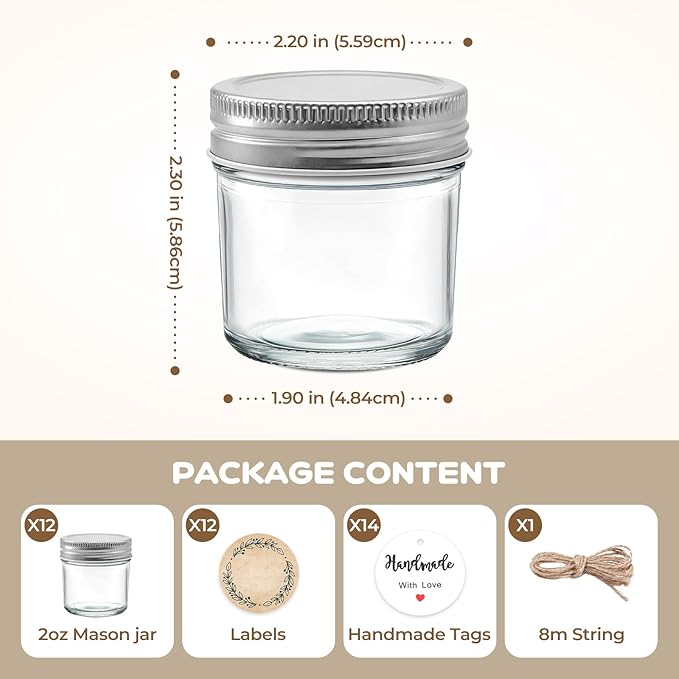 12 Pack 2 oz Small Mason Jars, Mini Glass Jars with Lids for Jam Ginger Shots Honey Spices Wedding Favors, Includes Labels, String & Handmade Tags
