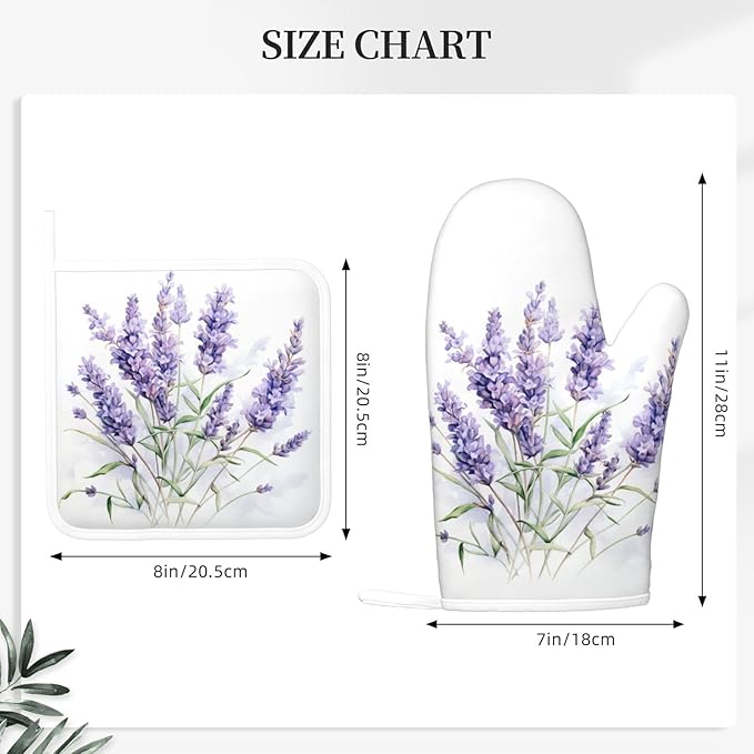 Oven Mitts and Pot Holders Lavender Watercolor Flower Floral Silicone Kitchen Accessories Set of 4 Heat Resistant Long Gloves Potholder Non-Slip Grip for Chef Cooking Baking Grilling BBQ