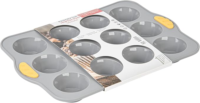 Restaurantware Silicone Baking Mold Pack of 1 Non-Stick Muffin Mold with Handles 12 Compartments, Oven-Friendly Dishwashable Freezer-Friendly Heat-Resistant Gray Silicone Cupcake Muffin Pan