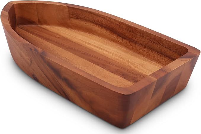 Arthur Court Acacia Wood Serving Bowl for Fruits or Salads Boat Shape Style Large 3 inch Tall x 9 inch Wide x 16 inch Long Wooden Single Bowl