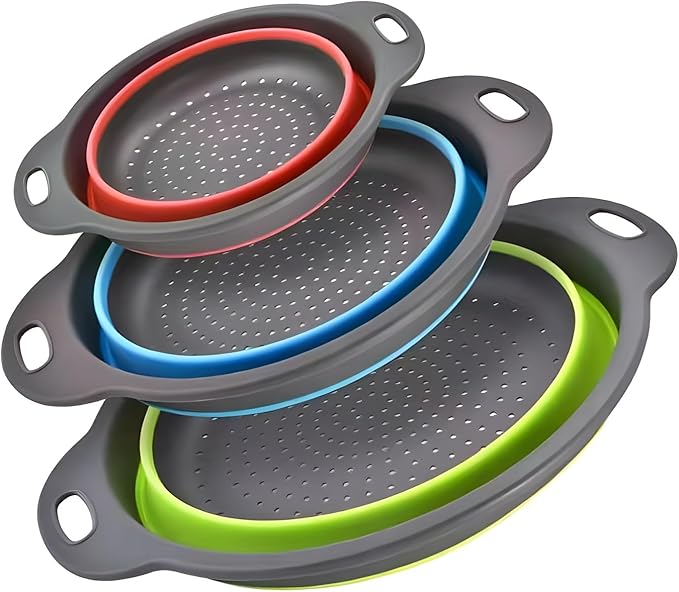Silicone Colander Collapsible Strainers Set for Kitchen- 3 Pack (3Qt, 4Qt,5Qt) -Over Home Draining Basket, Food Vegetables & Fruits-Dishwasher Safe, BPA Free Space Saving Design (Green,Blue,Red)