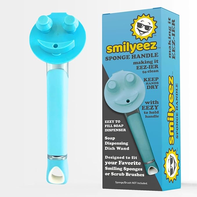 The Original Smiling Handle with Soap Dispensing for Scrub Daddy (Reg. TM) Sponges and Scrub Moji Sponge with Smilyeez Caddy, Dishwand, and 2 Scrub Mojis (Light Blue)