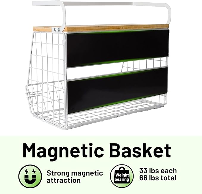 Ofiray-home Magnetic Fridge Shelf with Wood Lid, Fruit Potato Onion Storage Bins, Pantry Organizers, Large Container Spice Rack for Refrigerator, Kitchen Counter, Cabinet (1, White)