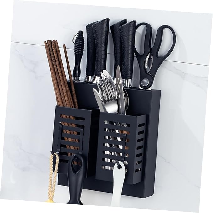 Stainless Steel Kitchen Cutlery Holder Wall Mounted Utensil Shelf with Hooks Multifunctional Storage Rack for Kitchen Utensils and Knives Black