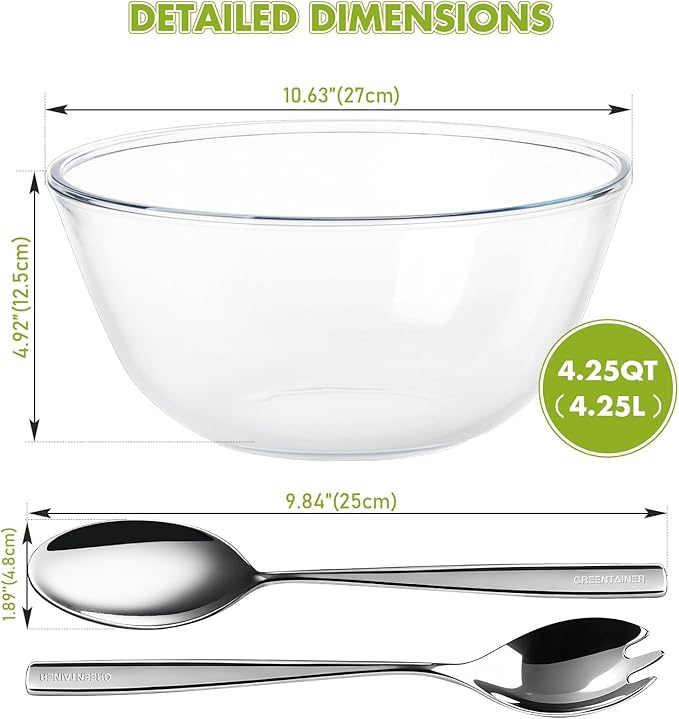 Greentainer Large Glass Salad Bowl with Stainless Steel Fork and Spoon, 144OZ Salad Serving Bowl for Kitchen, 4.5QT Glass Mixing Bowl for Cooking, Baking, Prepping, Dishwasher & Microwave Safe