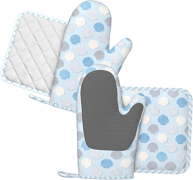 Oven Mitts and Pot Holders Summer Seashell Blue Pastel Silicone Kitchen Accessories Set of 4 Heat Resistant Long Gloves Potholder Non-Slip Grip for Chef Baking Cooking Grilling BBQ
