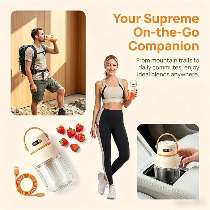 Portable Electric Juicer Cup with Zero Cord Hassle, 33 Oz Cordless Personal Juicer Cup, Digital Display Portable Juicers Blender with Stainless Steel Blades, USB-C (orange-800ml)