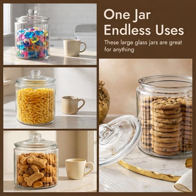 kitchentoolz 1 Gallon Ribbed Glass Cookie Jar with Lid – Ribbed Glass Jar with Lid - Airtight Food Storage Container for Cookies, Candy, Flour, Dog Treats