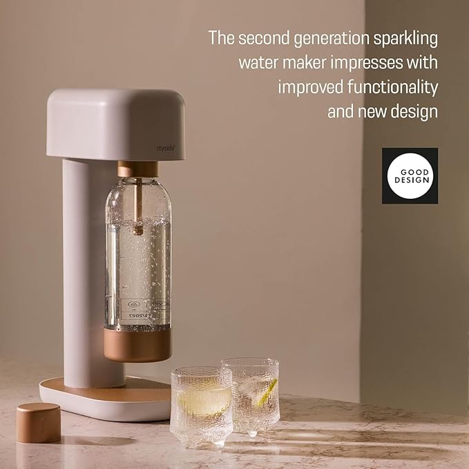 Mysoda Ruby 2 Soda Maker - Silent and Long-Lasting Aluminium Soda Maker with 1L Water Bottle - Without CO2 Cylinder - White Copper