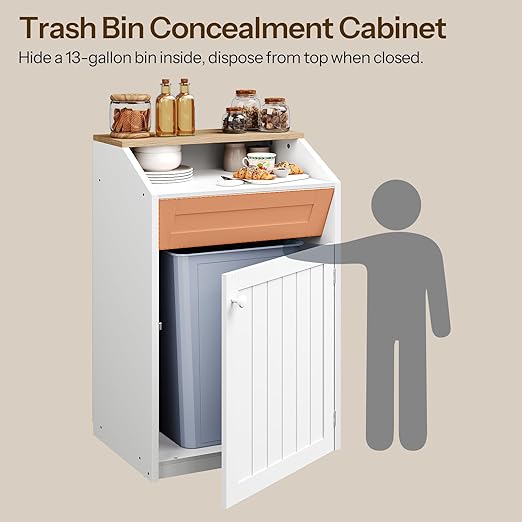 YATINEY Trash Cabinet, Freestanding Trash Can Cabinet, Wooden Recycling with Flip Door, 13 Gallon Hidden Kitchen Garbage Can for Kitchen, Living Room, White WB13WT