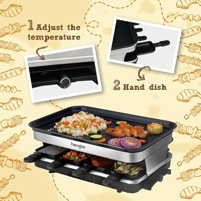Elevon Electric Korean BBQ Indoor Grill, Table Smokeless Portable Raclette Grill with 8 Mini Grill Cheese Pans, Removable Non-Stick Temperature Control 1500W, Ideal for Parties and Family Fun