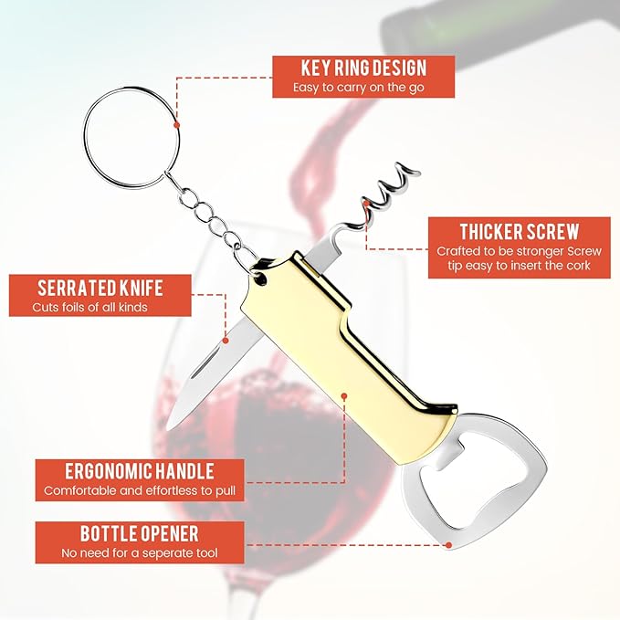Ziliny 24 Pcs Bottle Opener Keychain Bulk Wine Bottle Beer Opener Keychain 3.27" Stainless Steel Corkscrew Waiter Corkscrew Wine Keyring Gifts for Christmas Bar Party Wedding Home (Gold)