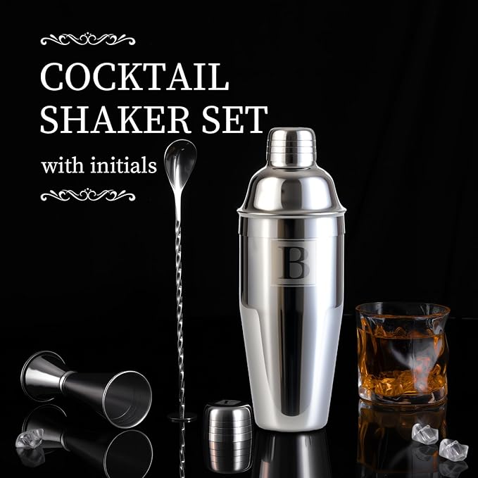 24oz Cocktail Shaker Set with 1 oz 2oz Jigger - Monogramm Initials Martini Shaker Set - 304 Stainless Steel Bar Shaker for Margarita,Mojito-Personalized Gift for Friend,Husband-K