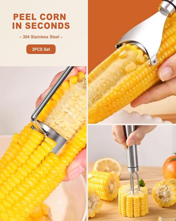 3PCS Corn Peeler Set – Stainless Steel Corn Stripper Tool with Cutter, Planer & Holder – Quickly Remove Kernels from Corn on the Cob – Dishwasher Safe, Easy Grip Handle, for Home & BBQ