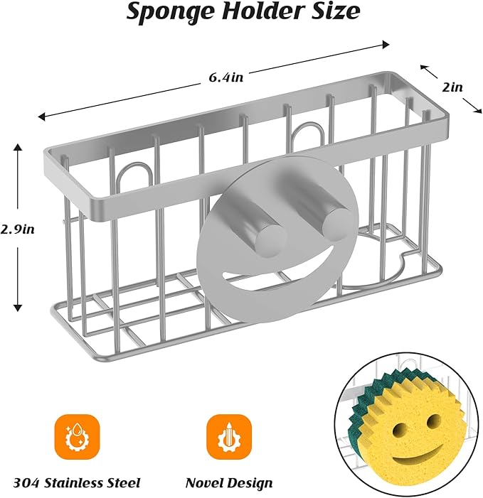 Sponge Holder Smiley Face,Sink Caddy,Kitchen Organizer with 2 Suction Cups/1 Adhesive Strips,Designed for Sponge,Soap,Dish Brush,Scrubber - Gray