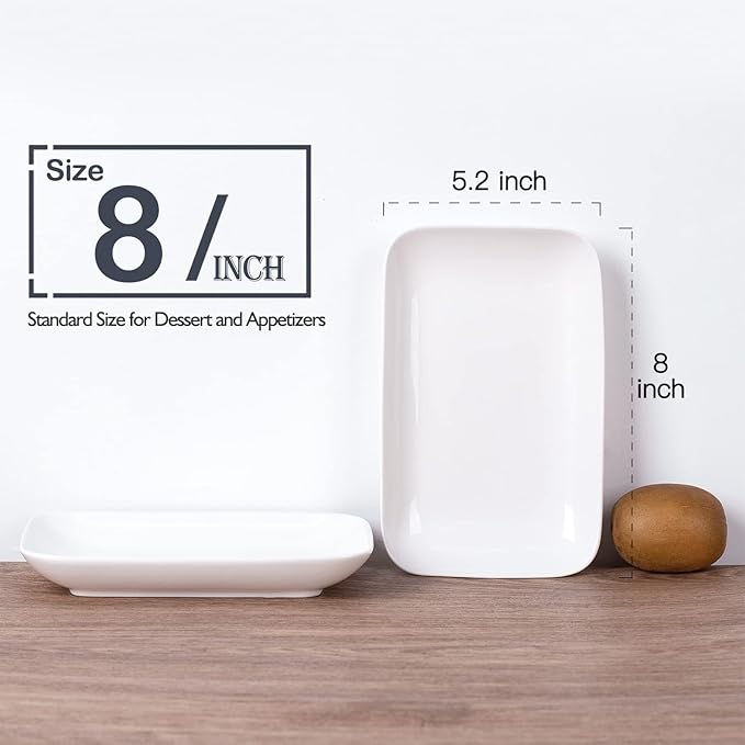 DELLING 8 Inch White Rectangular Plates Set of 3 - Porcelain Serving Platters for Appetizers, Sushi, Dessert - Oven Safe Rectangle Dinner Plates for Party, Restaurant - Stackable Ceramic Dishes
