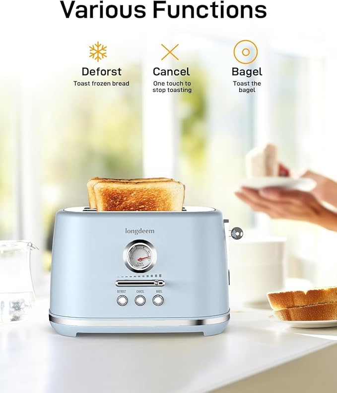 2 Slice Toaster, Wide Slots, Auto Off, Frozen Modes for Toast, Bagels, Waffles & Fruity Breads, Retro Collection, Easy Clean Crumb Tray, Blue