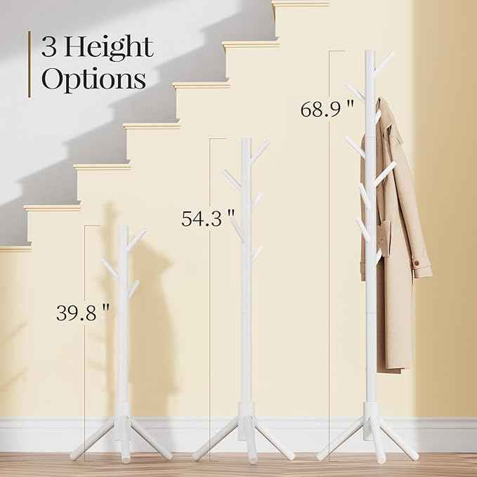 Pipishell Sturdy Wooden Coat Stand, 3 Adjustable Sizes Coat Tree with 8 Hooks, Coat Stands for Hallway Entryway, Hat Stand for Clothes, Used in Bedroom/Office/Hallway/Entryway, White