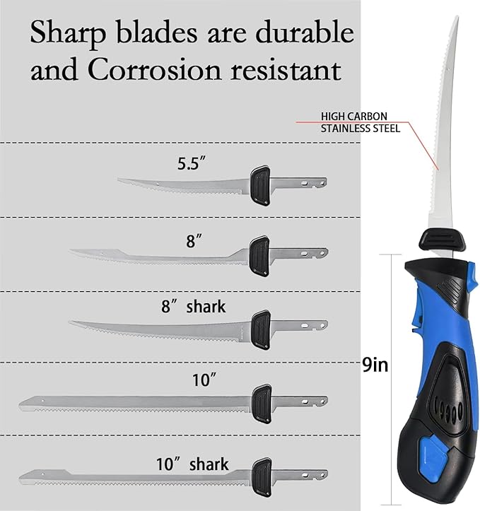 Cordless Electric Fillet Knife - 5 Ti-Nitride Coated Non-Stick Blades, Ergonomic Non-Slip Grip Handle & Cooling Vent Stylish with Carry Bag,Perfect Electric Knife for Cutting Board Effortless Fishing (Blue)
