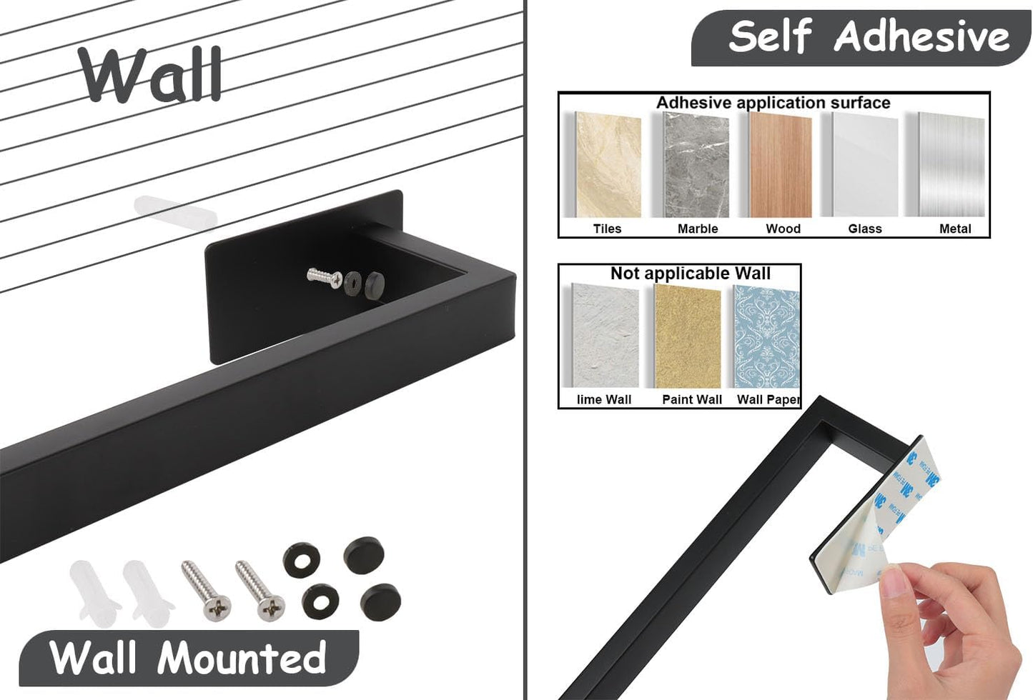 Bathroom Towel Bar Self Adhesive, No Drilling Towel Rack Easy to Install, Hand Towel Holder Made of Premium Stainless Steel Sticky on Hand Towel Hanger for Kitchen, Toilet.(24IN, Black)