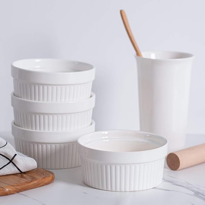 DELLING Ramekins 12 Oz Oven Safe Set of 6, Porcelain Souffle Dish for Baking - Creme Brulee Bowls for French Onion Soup Lava Cake Pudding, Stackable, White
