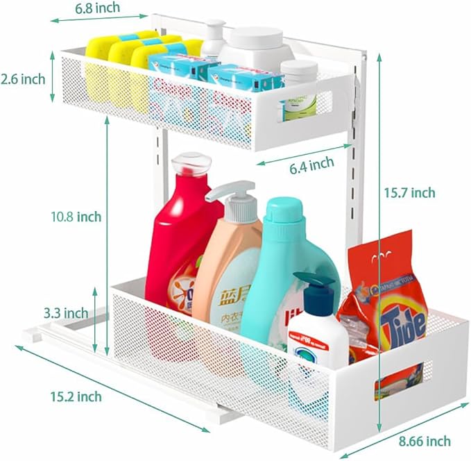 Petiza Under Sink Organizer Adjustable Height 2 Tier Bathroom Organizer Pull Out Cabinet Organer kitchen organizers and storage fridge organizers and storage,White,XL-1 Pack