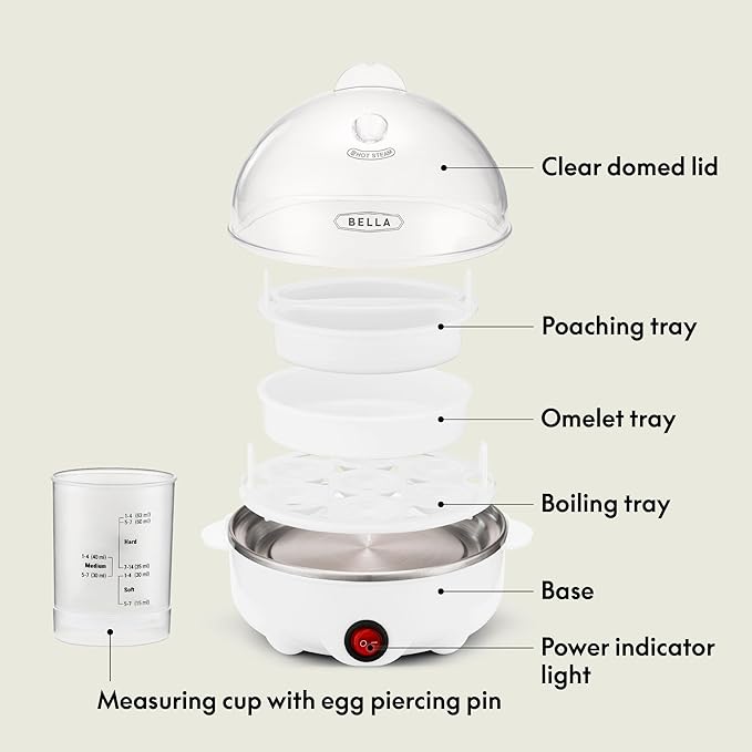 BELLA Rapid Electric Egg Cooker and Omelet Maker with Auto Shut Off, for Easy to Peel, Poached Eggs, Scrambled Eggs, Soft, Medium and Hard Boiled Eggs, 7 Egg Capacity Tray, Single Tier, White