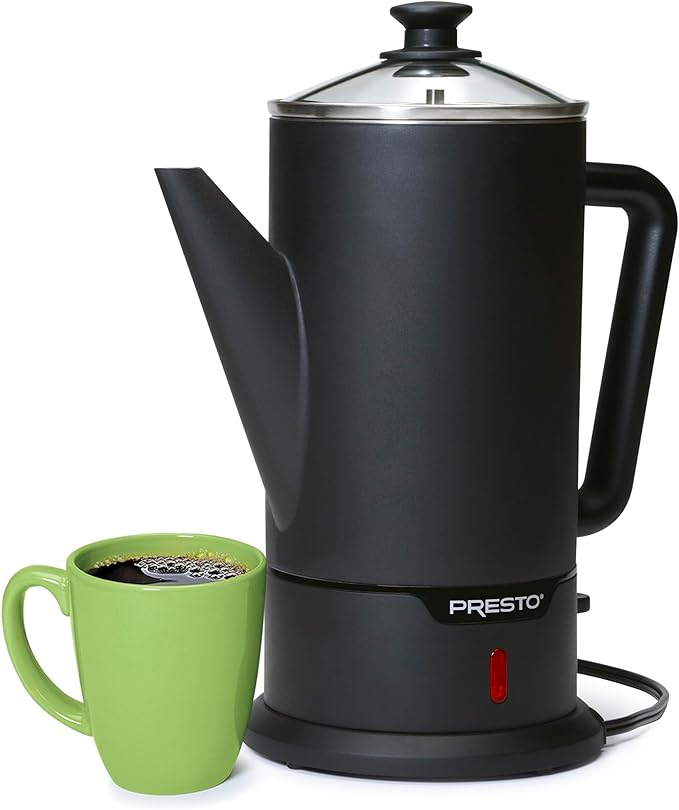 Presto 02815 12-Cup Cordless Coffee Percolator - Stainless Steel, Modern Design, Easy Pour Spout, Stay-Cool Handle, Matte-Black