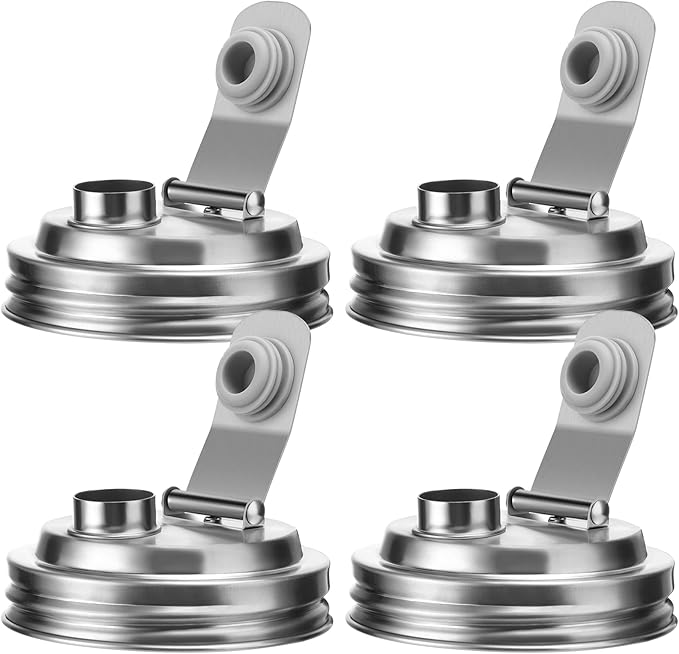 Palksky Mason Jar Pour Spout Lid Stainless Steel, Wide Mouth Pour Spout Flip Cap Lids for Mason Jars, anticracking Leak Proof Seal Cover Airtight for Drinking Salad Dressing & Food Storing(4PCS)
