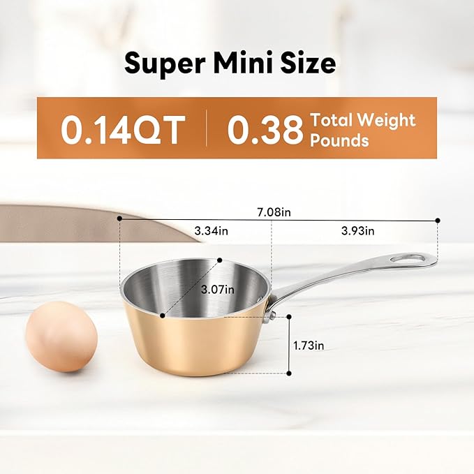 Macevia Mini Sauce Pan, 18/10 Stainless Steel Butter Warmer Small Pot Cooking with Handle, Multipurpose Use for Home Kitchen or Restaurant (5oz/150ml) - Rose Gold