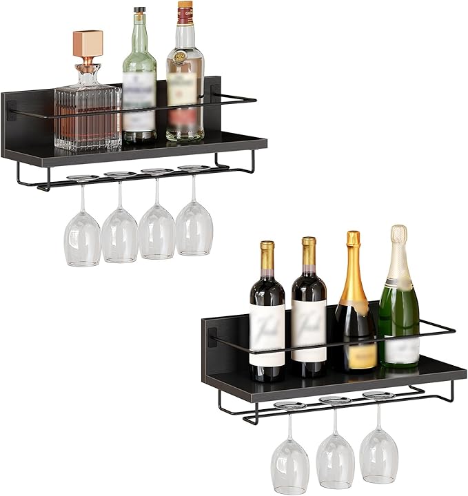 HOOBRO Wall Mounted Wine Rack 2 Pack, Wine Shelf Hanging Floating Wall Shelves, Wine Glass Bottle Rack Stemware Holder, for Living Room, Dining Room, Kitchen, Black BK28BJ01