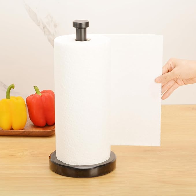 Paper Towel Holder Countertop, Heavy Weighted Black Marble Paper Towels Holder for Kitchen Counter, Modern Standing Papertowel Roll Holders(Matte Black Stainless Steel Bar, Black Natural Marble Base)