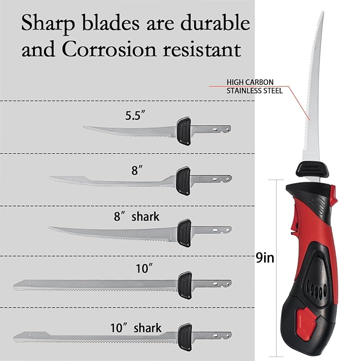 Cordless Electric Fillet Knife - 5 Ti-Nitride Coated Non-Stick Blades, Ergonomic Non-Slip Grip Handle & Cooling Vent Stylish with Carry Bag,Perfect Electric Knife for Effortless Fishing (Red)