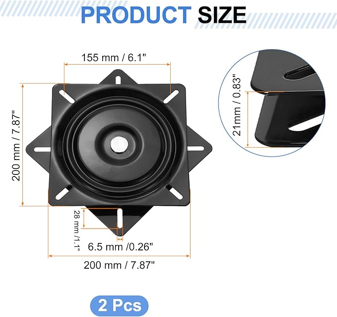 uxcell 8" Bar Stool Swivel Replacement, 360° Rotation Lazy Susan Turntable, Square Ball Bearing Seat Swivel Base Mount Plate for Recliner Chair or Table, Black (200x1.5mm)
