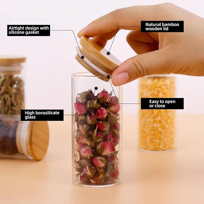 VIKEYHOME Spice Jars with Label, 20pcs 4 oz Glass Jars with Bamboo Airtight Lids, 200 Printed Spice Labels Waterproof Stickers for Seasoning Containers