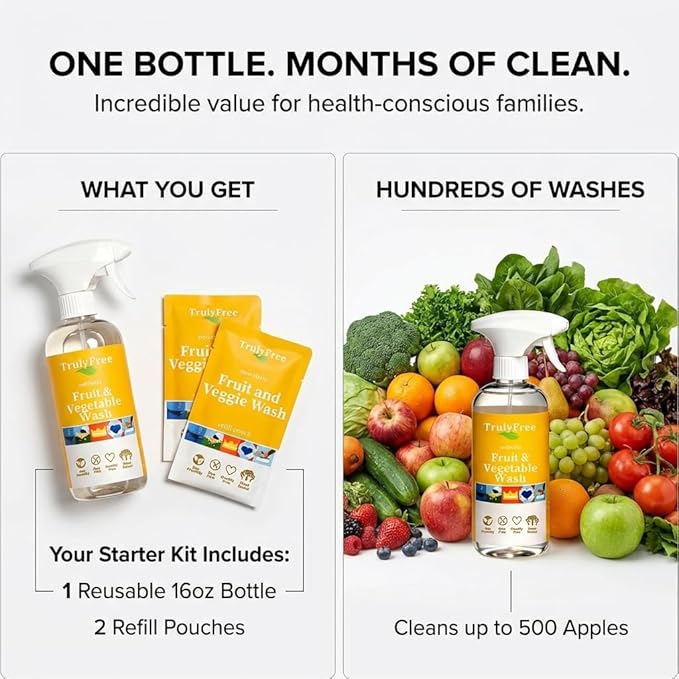 Truly Free Fruit and Vegetable Wash - Veggie Wash Removes 99% of Dirt & Wax | Plant-Based Produce Cleaner Spray | No Aftertaste, Refillable, Made in USA | Fragrance-Free, 16oz