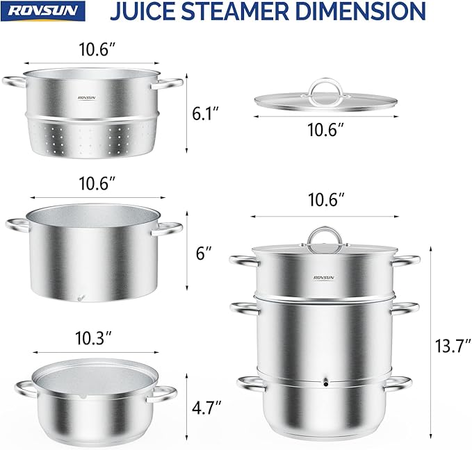 ROVSUN 8.5 Quart Juice Steamer Stainless Steel, Extractor Fruit Vegetables Juicer Steamer Pot, w/Tempered Glass Lid Clamp, Loop Handles, Ideal for Making Juice, Jelly, Pasta