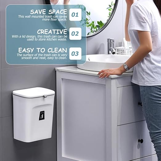 minkissy Wall-Mounted Indoor Compost Bucket 9l with Inner Bin, Sealed Kitchen Hanging Trash Can for Household Food Waste Collection, White Plastic Countertop Waste Container