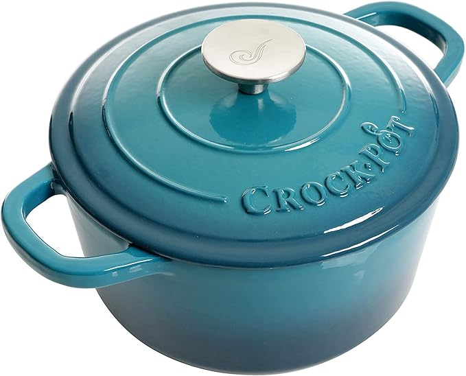 Crock-Pot Artisan 3-Quart Round Enameled Cast Iron Dutch Oven – Gradient Teal, Durable Heavy-Duty Cookware for Slow Cooking, Roasting, Baking with Lid